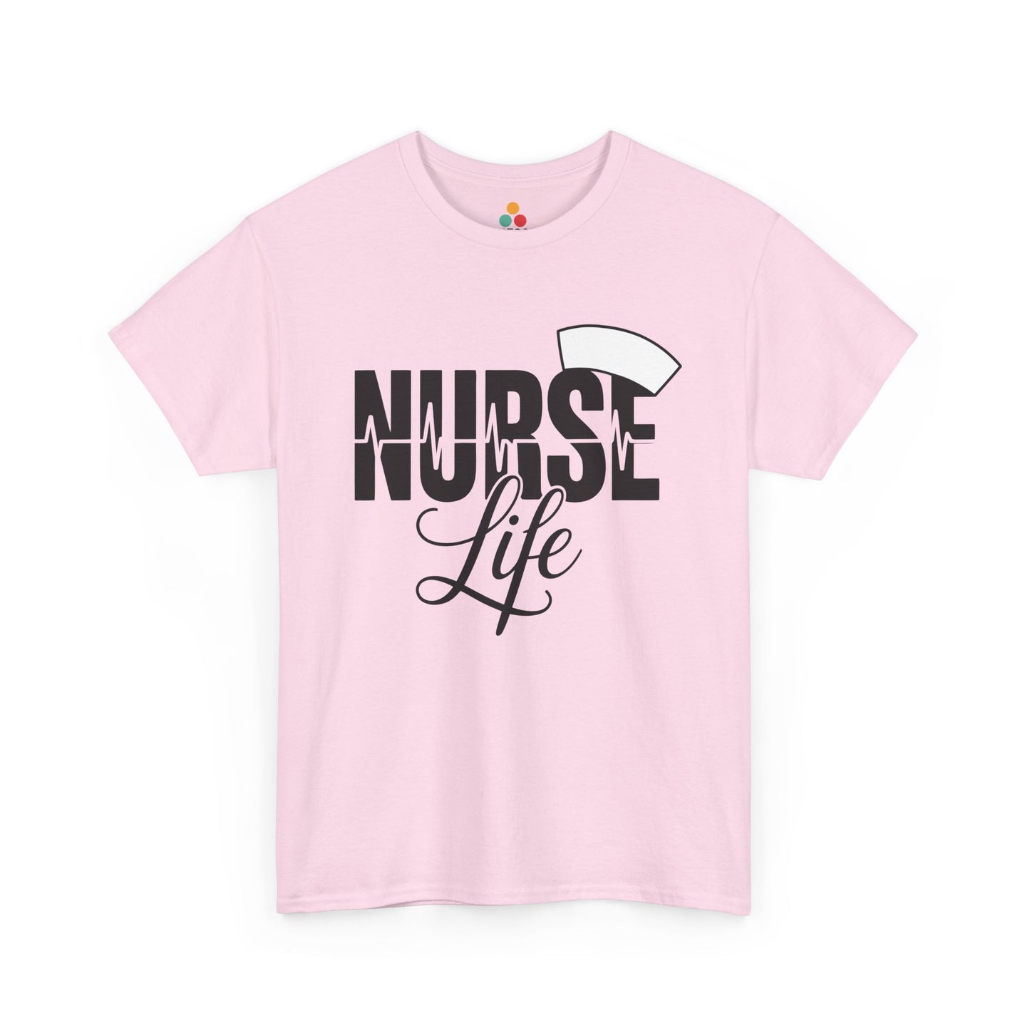 “Teezoca Nurse Life t-shirt, classic nurse cap and NURSE Life text, pink  tee, front.”

