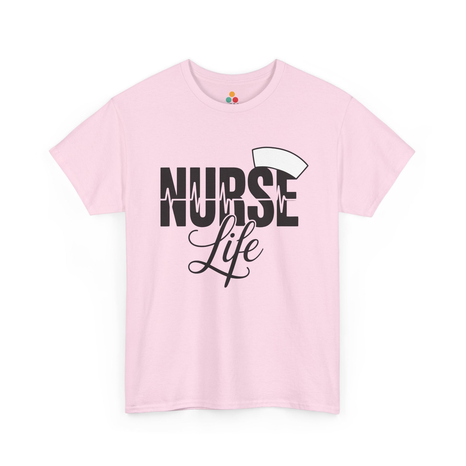 “Teezoca Nurse Life t-shirt, classic nurse cap and NURSE Life text, pink  tee, front.”

