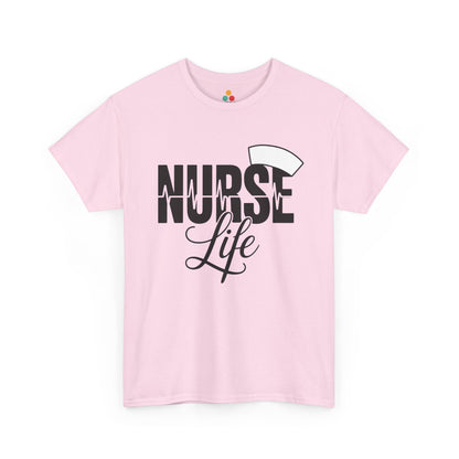 “Teezoca Nurse Life t-shirt, classic nurse cap and NURSE Life text, pink  tee, front.”

