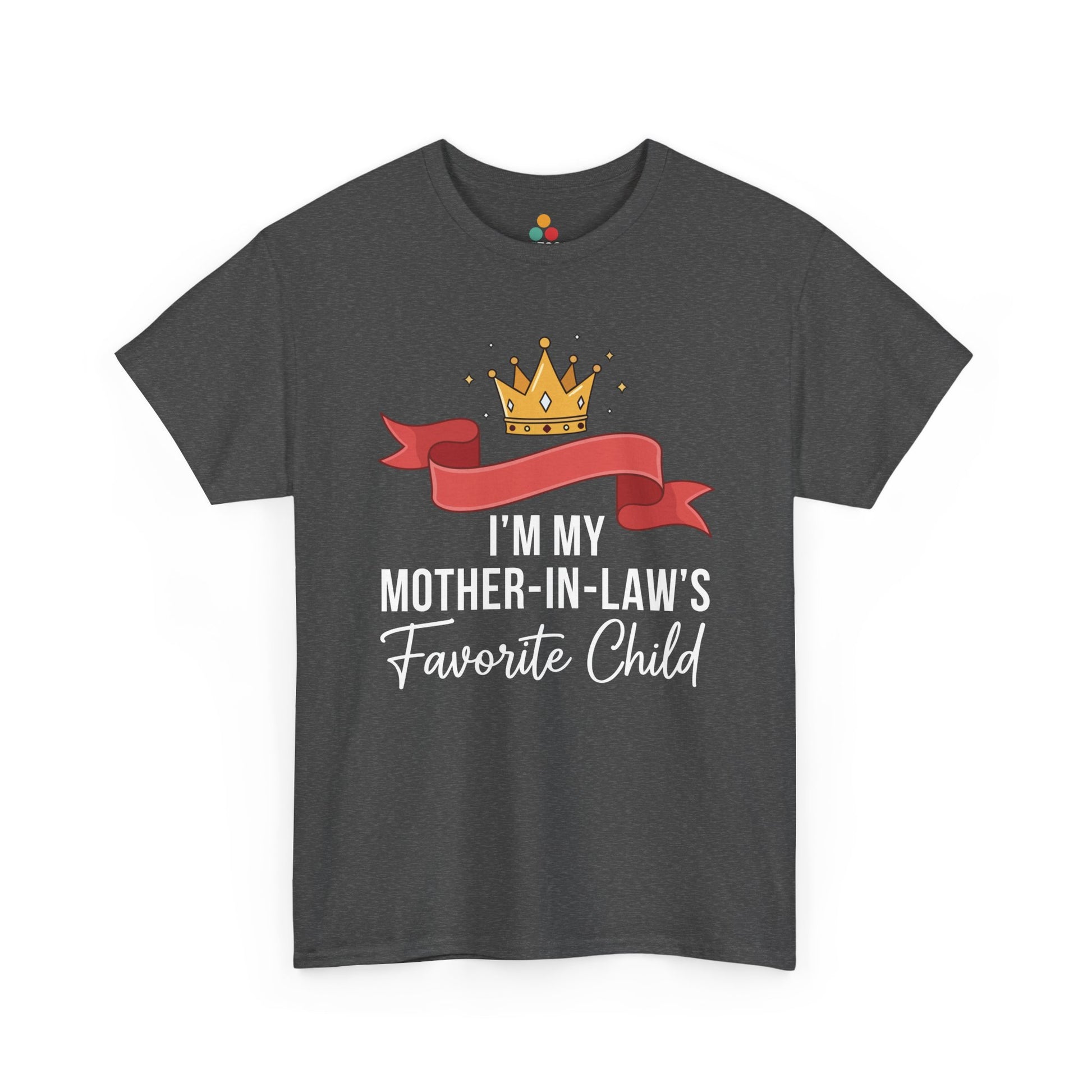 TEEZOCA dark gray “I’m My Mother‑in‑Law’s Favorite Child” novelty t‑shirt displayed flat.