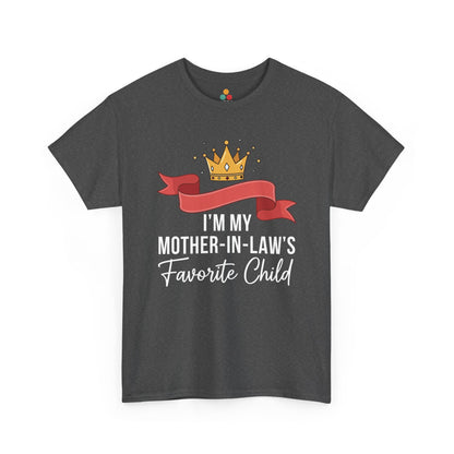 TEEZOCA dark gray “I’m My Mother‑in‑Law’s Favorite Child” novelty t‑shirt displayed flat.