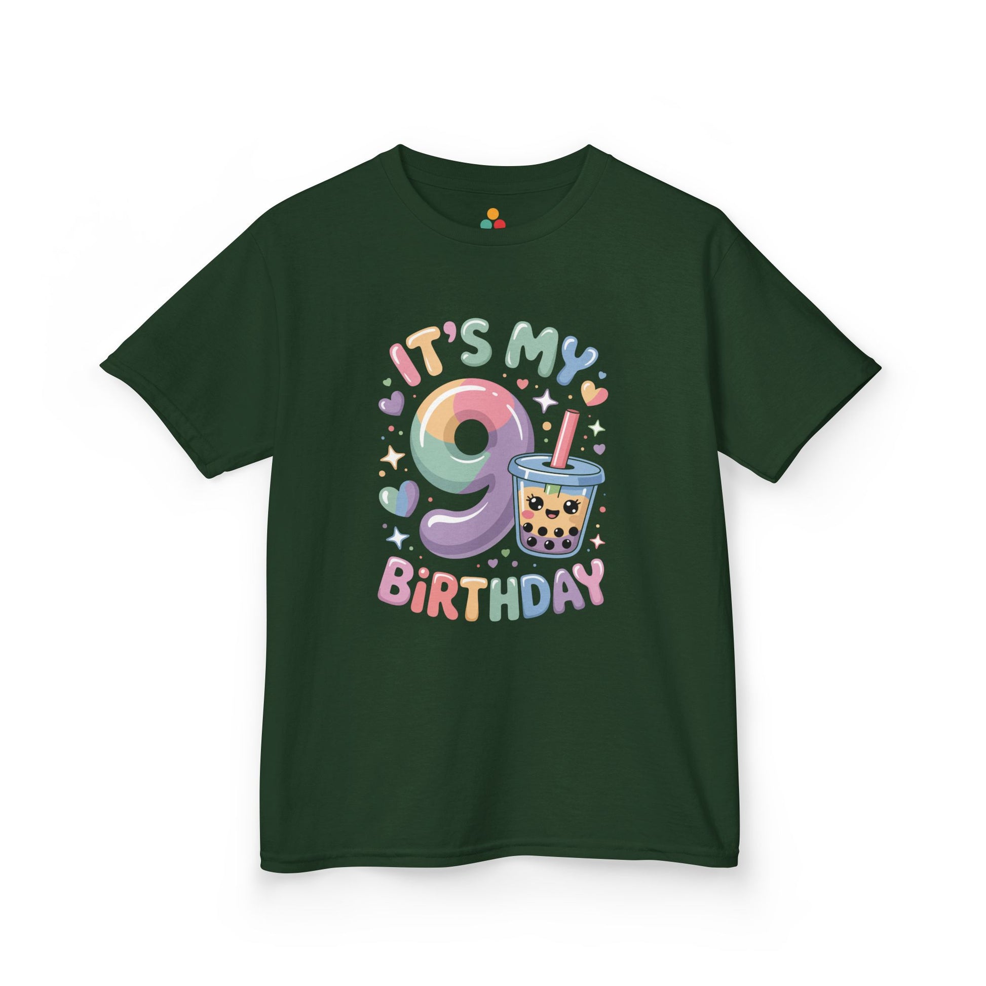 "Forest green 'It's My 9th Birthday' boba shirt, gradient 9 with cute tea cup character, flat front."

