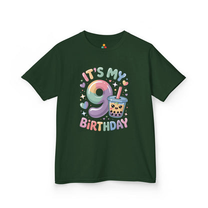 "Forest green 'It's My 9th Birthday' boba shirt, gradient 9 with cute tea cup character, flat front."

