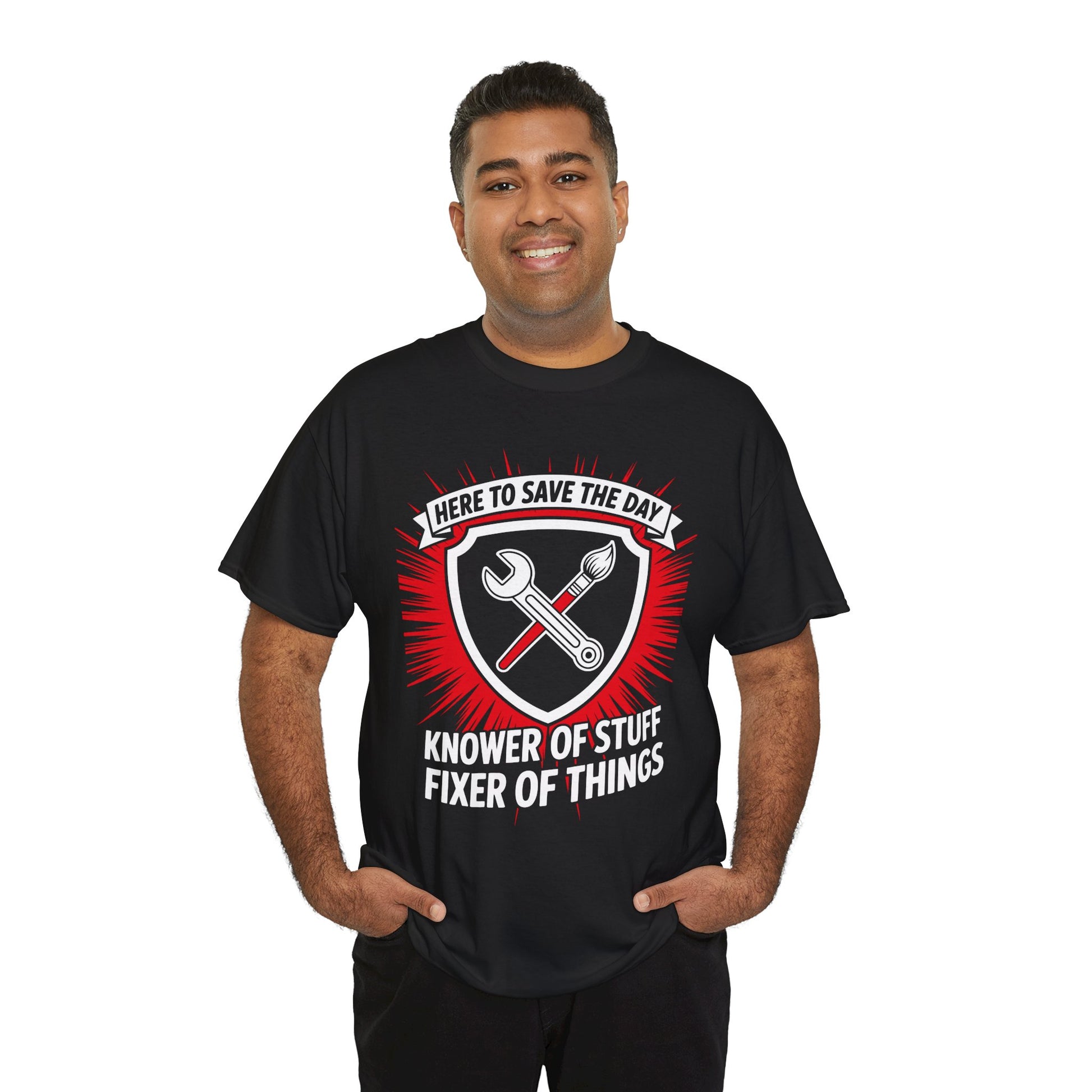 Smiling man wearing a TEEZOCA black “Knower Of Stuff Fixer Of Things” funny t‑shirt.