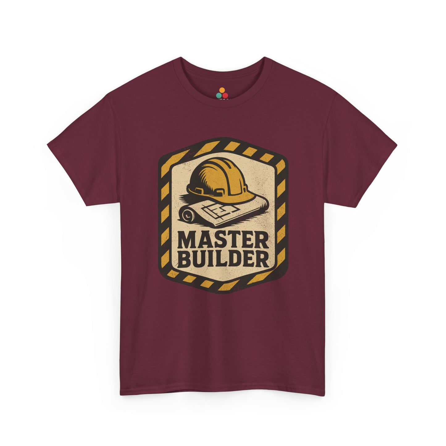 “Maroon ‘Master Builder’ shirts with vintage construction badge graphic, flat front view.”

