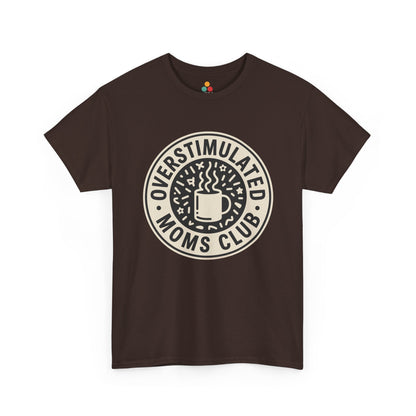 TEEZOCA brown “Overstimulated Moms Club” retro badge mom t‑shirt on a flat lay.
