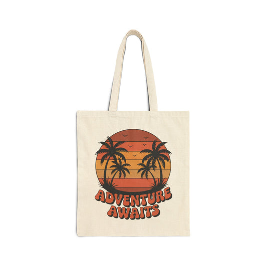 TEEZOCA tote bag with Adventure Awaits sunset palm tree graphic design