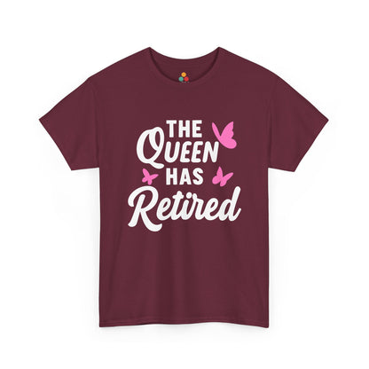 “Maroon Teezoca The Queen Has Retired t-shirt, white script lettering and pink butterflies, flat front display.”


