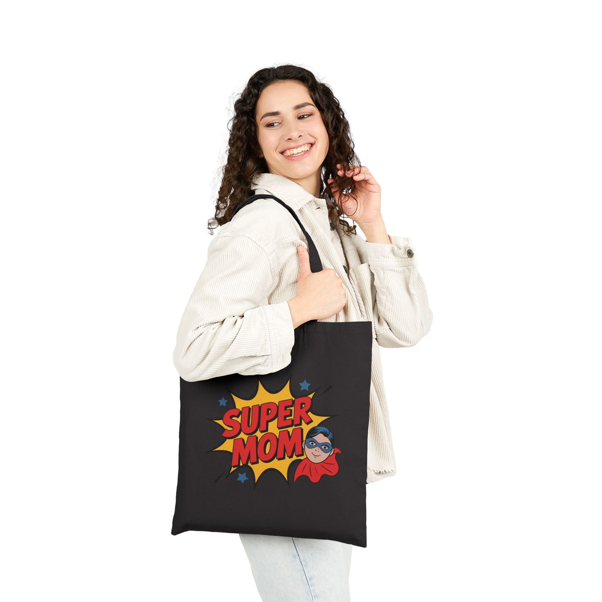 Colorful Super Mom superhero graphic design displayed on a TEEZOCA tote bag