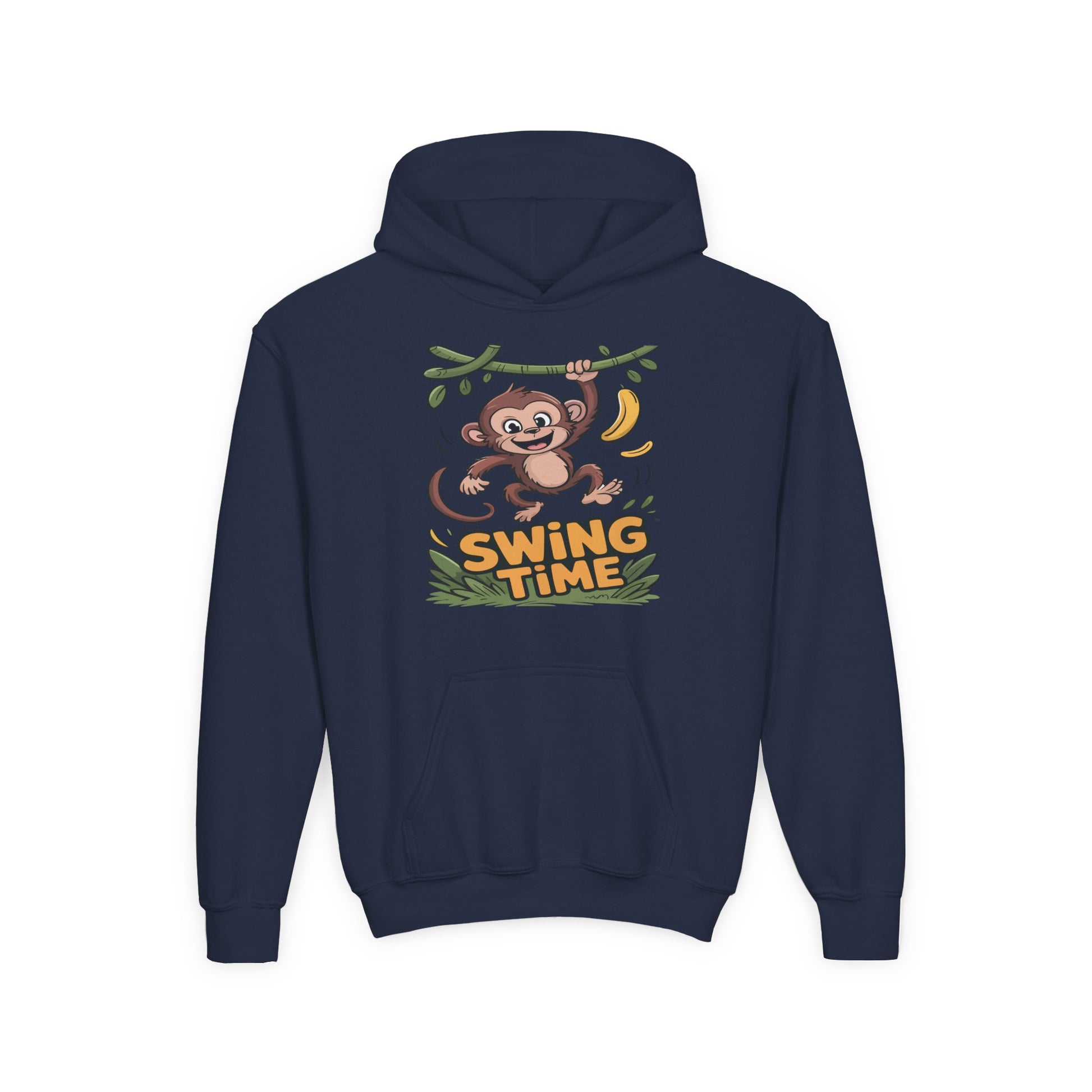 DTG kids hoodie showing a cute swinging monkey jungle animal artwork
