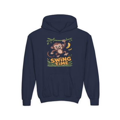 DTG kids hoodie showing a cute swinging monkey jungle animal artwork