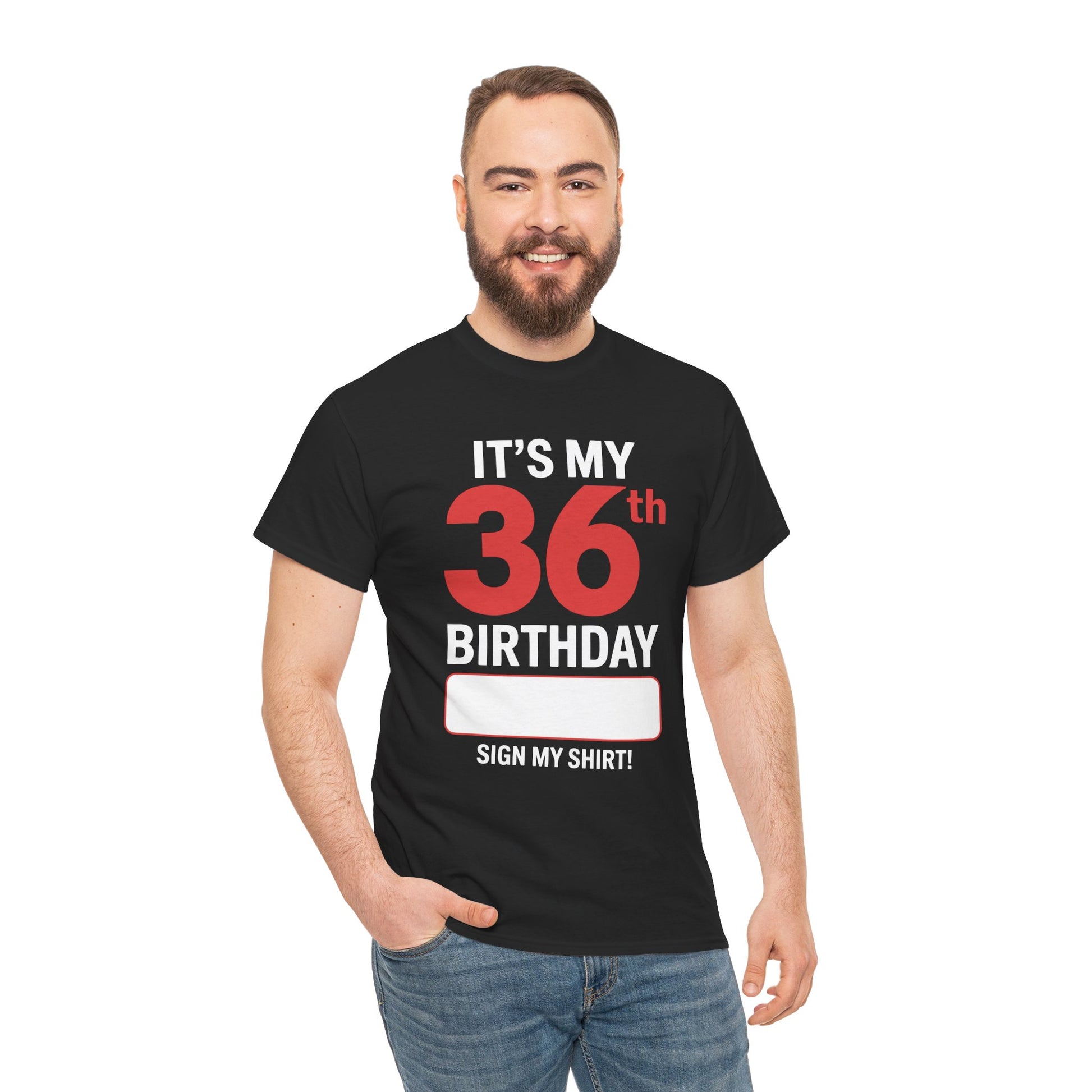It’s my 36th birthday sign my shirt design with big red 36 and blank signature area on Black men Tee shirt.​

T‑Shirt TEEZOCA MEN