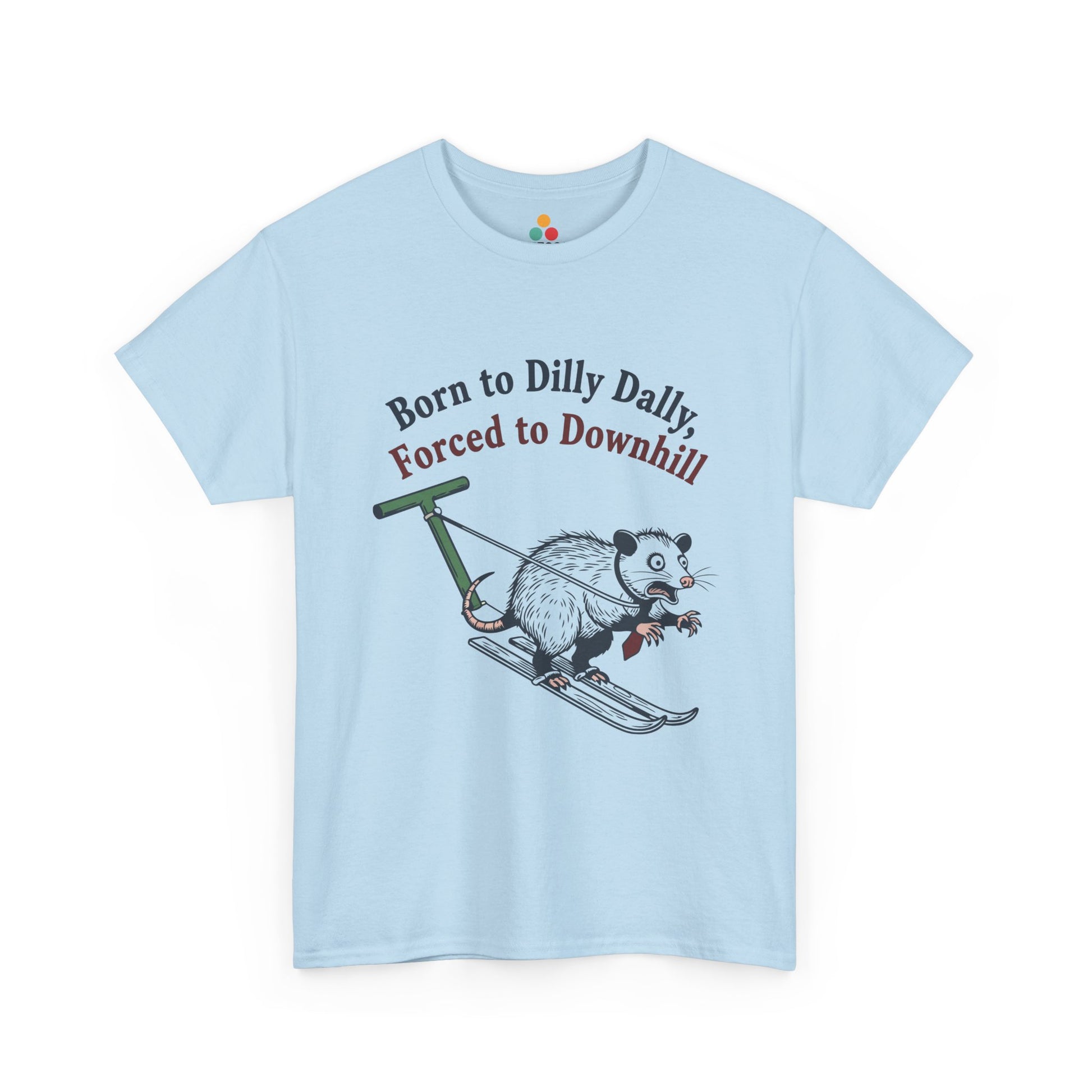 Opossum Skiing Graphic T-Shirt - "Born to Dilly Dally, Forced to Downhill" Funny Winter Tee | TEEZOCA 