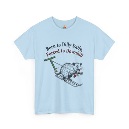 Opossum Skiing Graphic T-Shirt - "Born to Dilly Dally, Forced to Downhill" Funny Winter Tee | TEEZOCA 