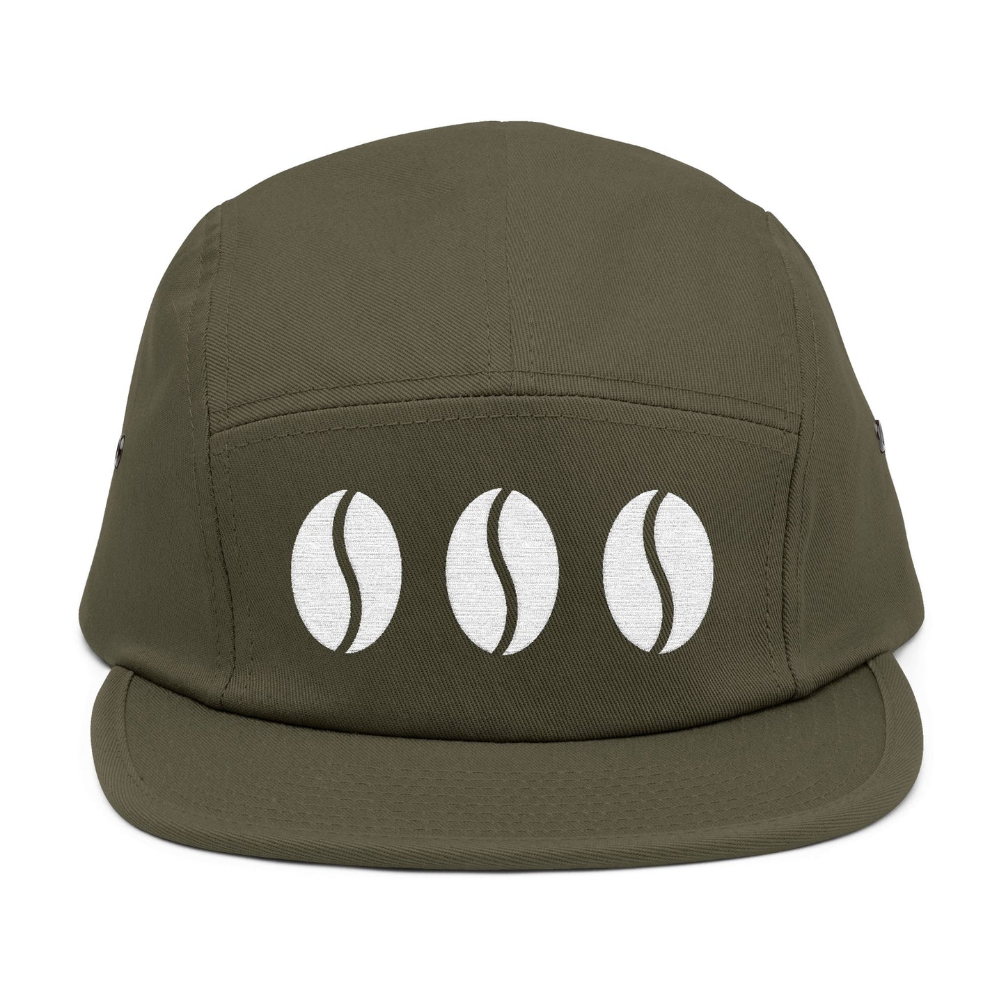 Green cap with three white coffee bean icons on a white background. Triple coffee bean minimalist embroidery on 5-panel cap. TEEZOCA