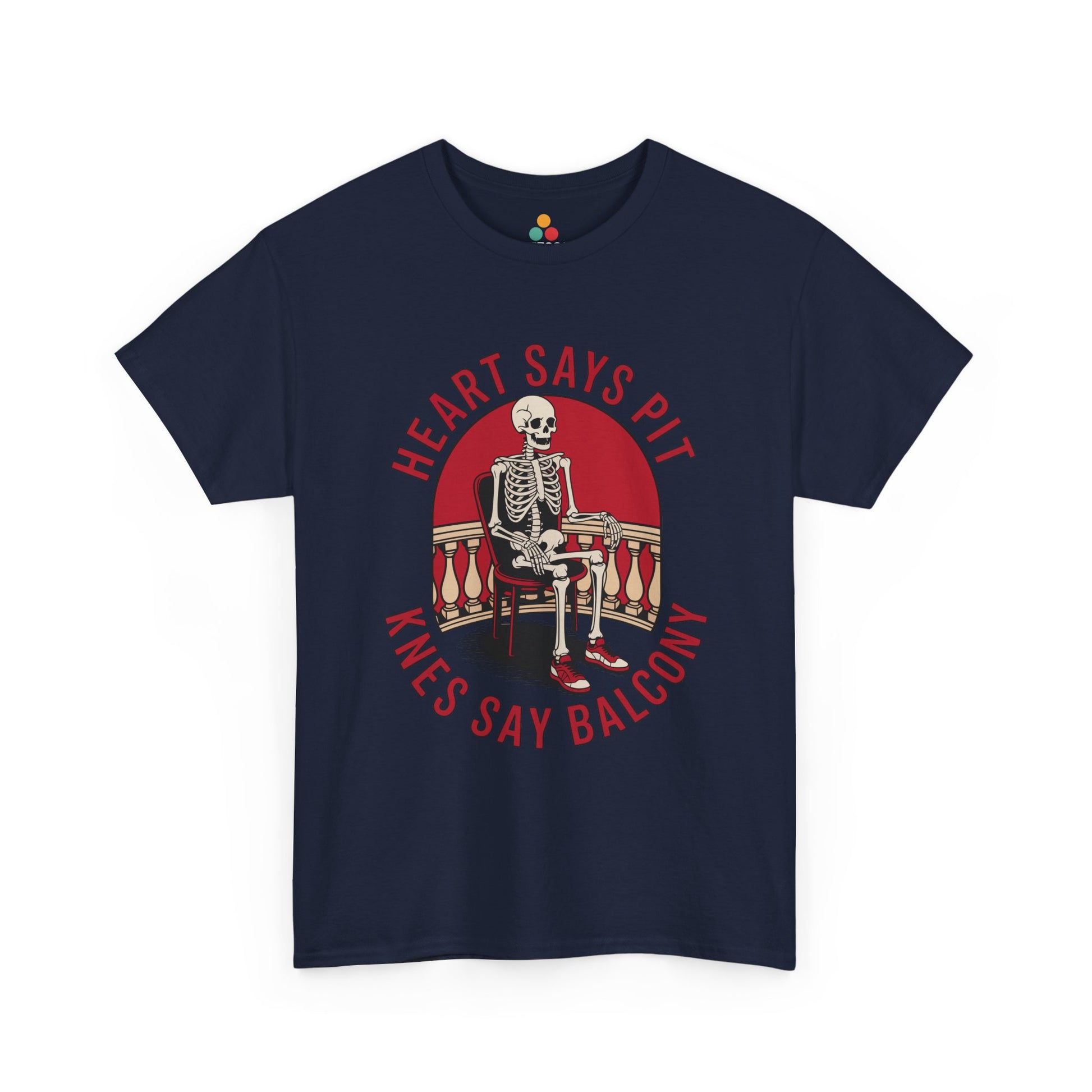Navy t-shirt mockup with skeleton chair red circle “Heart Says Pit Knees Say Balcony” design, front print.