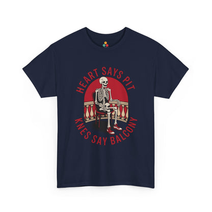Navy t-shirt mockup with skeleton chair red circle “Heart Says Pit Knees Say Balcony” design, front print.