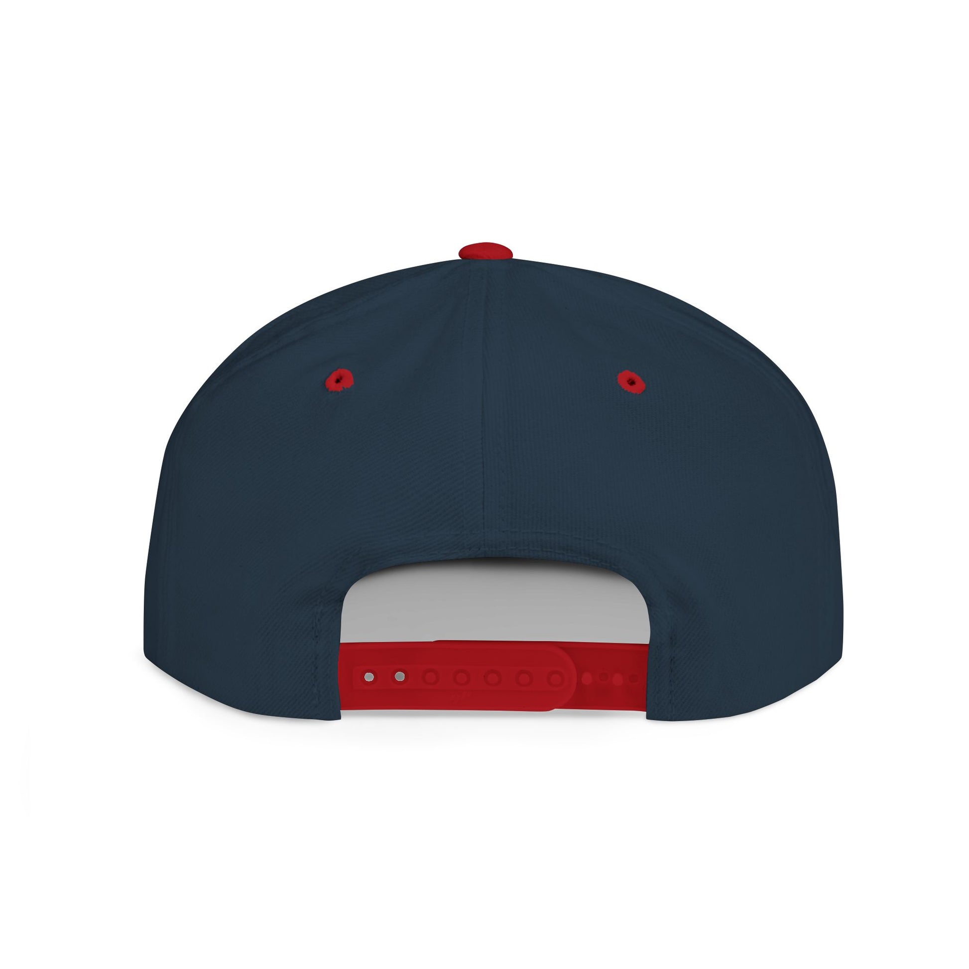 Navy blue cap with red accents on a white background
