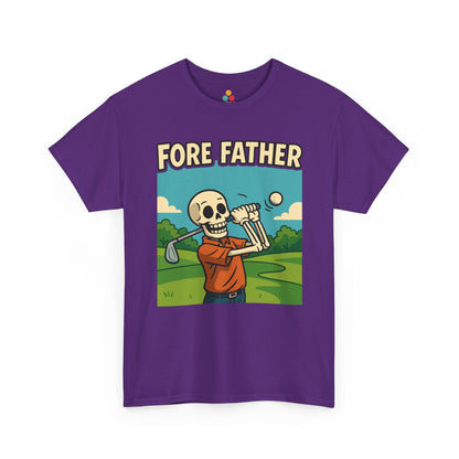 " purple ‘Fore Father’ t‑shirts showing a skeleton dad swinging a golf club, flat view.”