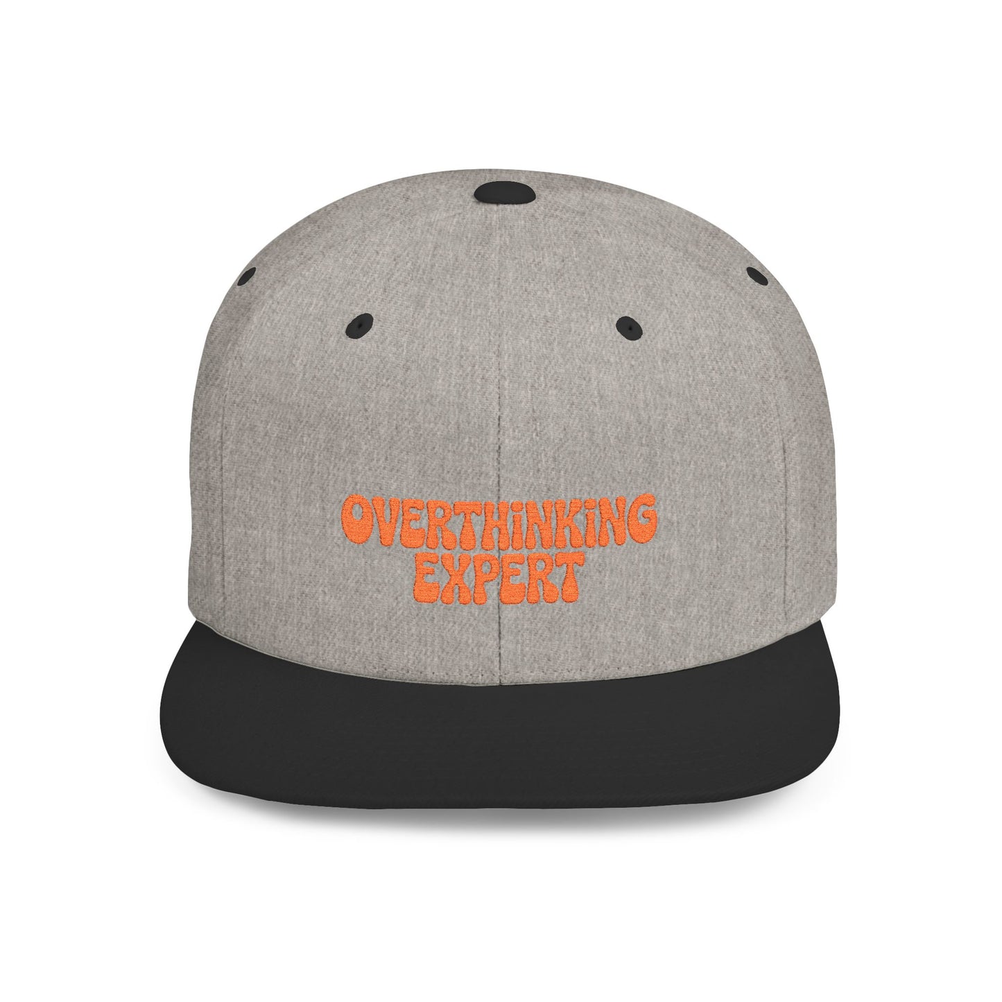 Gray cap with black visor and orange text 'OVERTHINKING EXPERT' on a white background