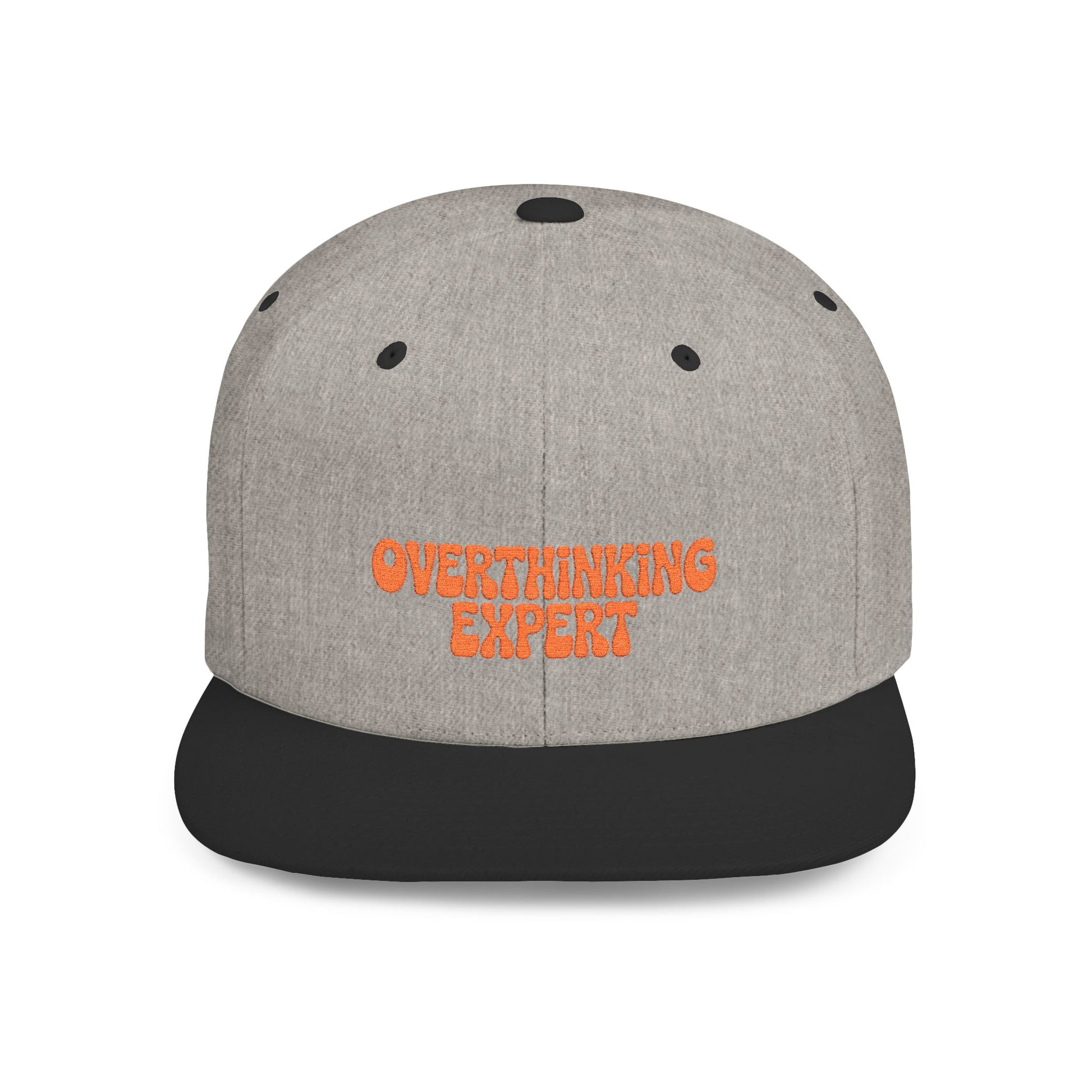 Gray cap with black visor and orange text 'OVERTHINKING EXPERT' on a white background