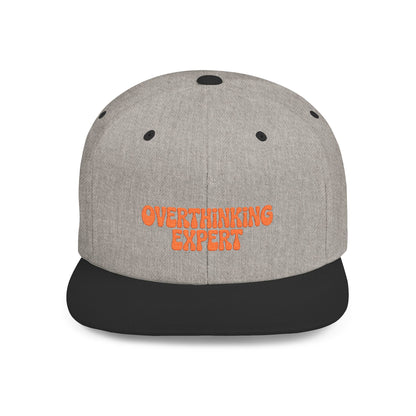Gray cap with black visor and orange text 'OVERTHINKING EXPERT' on a white background