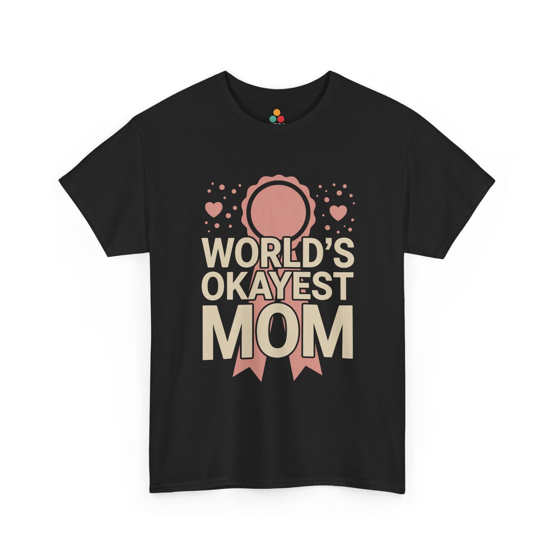 TEEZOCA black "World's Okayest Mom" medal graphic t‑shirt shown flat.