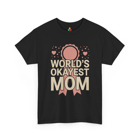 TEEZOCA black "World's Okayest Mom" medal graphic t‑shirt shown flat.