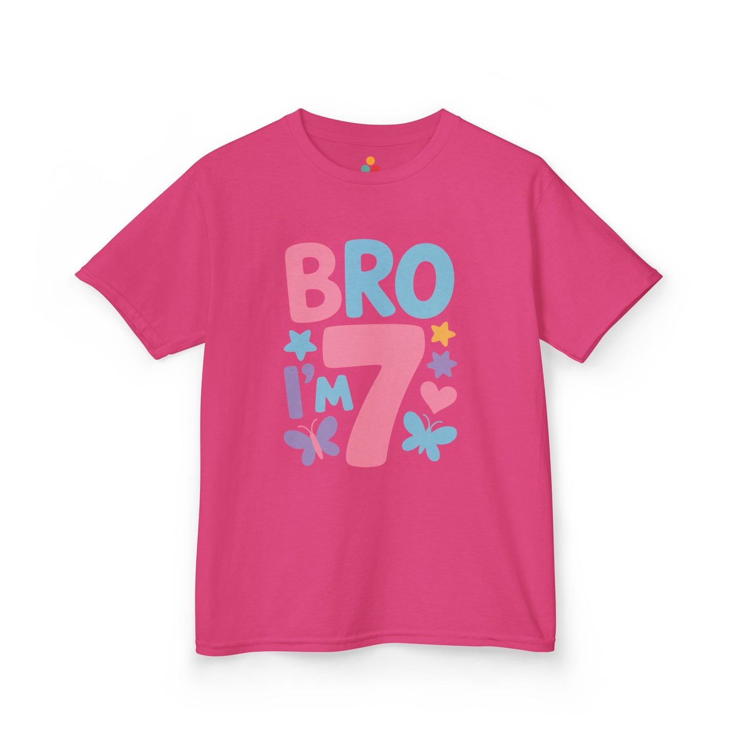 "Hot pink Teezoca Bro I'm 7 sibling birthday shirt, bright colorful pastel letters, front view."

