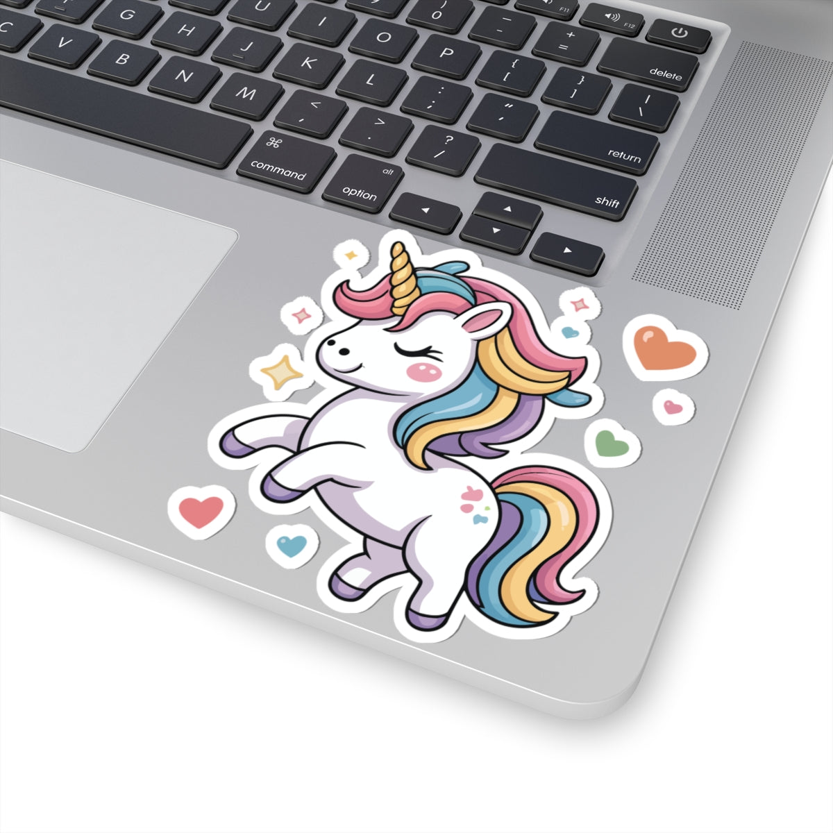 TEEZOCA cute rainbow unicorn sticker featuring kawaii pastel unicorn with magical hearts