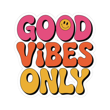 TEEZOCA good vibes only sticker with colorful retro letters and smiley face