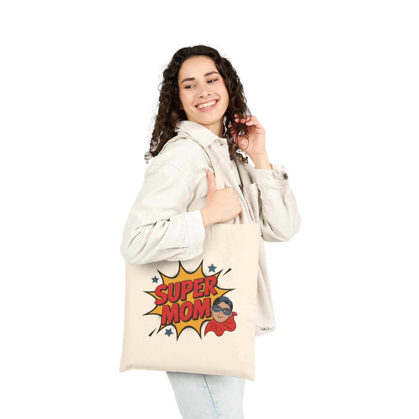 Comic book inspired Super Mom artwork printed on a TEEZOCA tote bag
