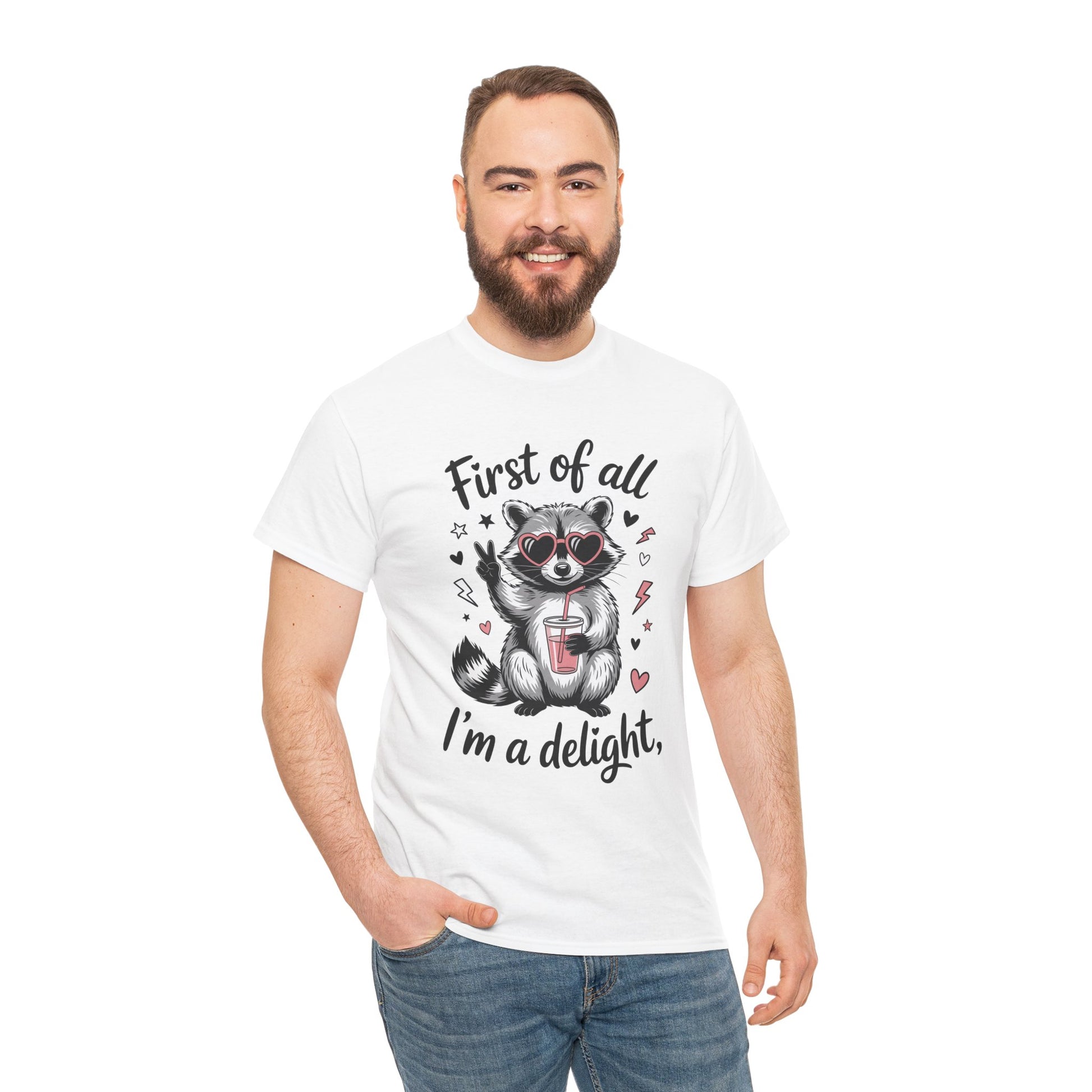 Man wearing a TEEZOCA “First of all I’m a delight” cute raccoon graphic tee.