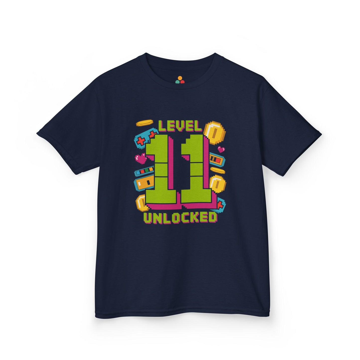 Navy kids’ t‑shirt with neon green pixel “11” surrounded by gaming icons and “Level 11 Unlocked” text, flat front view.