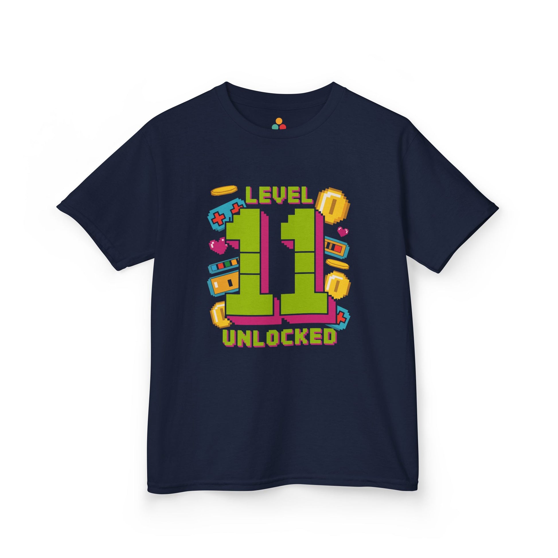Navy kids’ t‑shirt with neon green pixel “11” surrounded by gaming icons and “Level 11 Unlocked” text, flat front view.