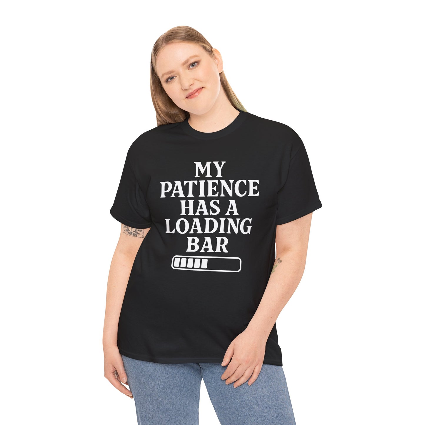 “Woman wearing black ‘My Patience Has a Loading Bar’ quote tee with loading bar icon, front pose.”

