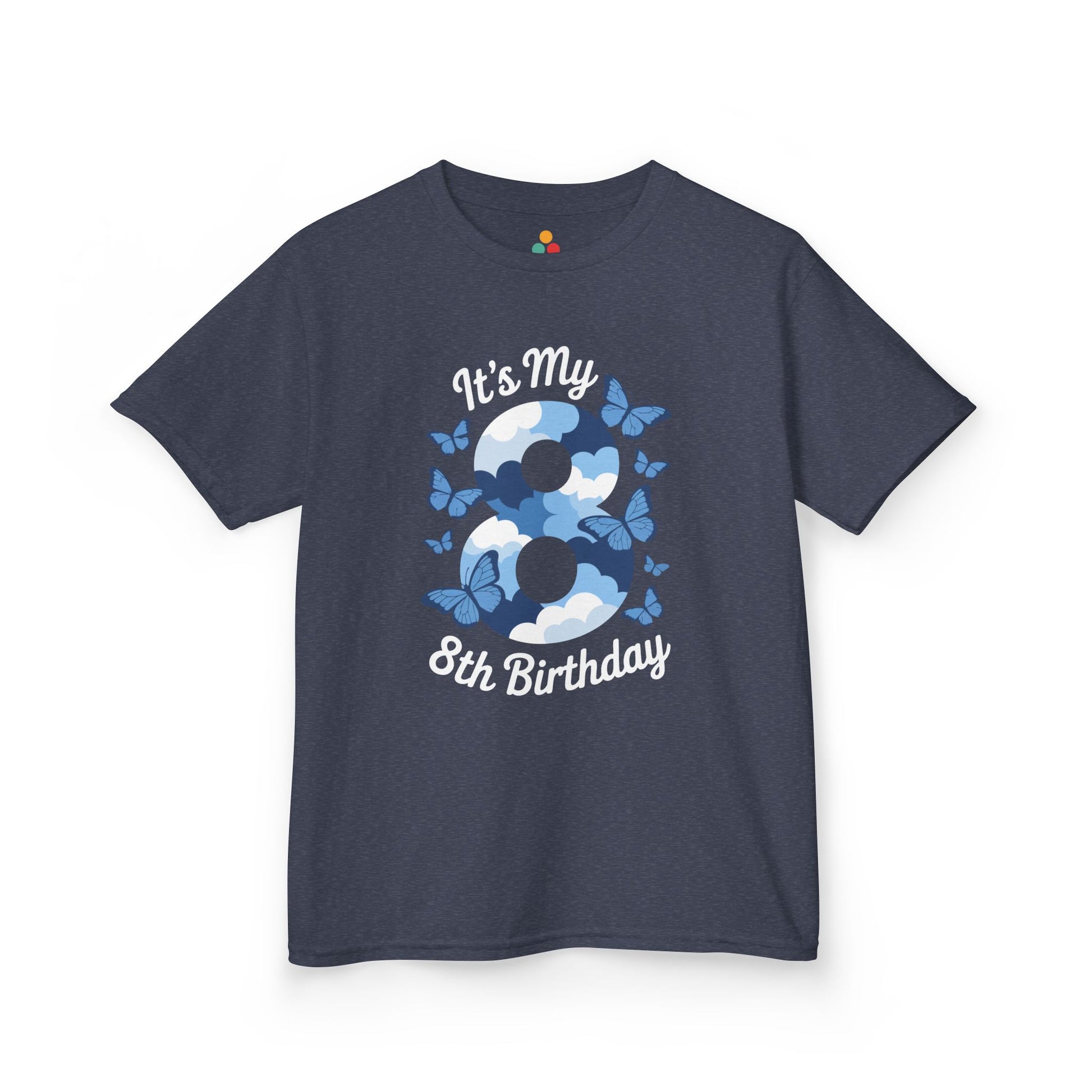 “Charcoal gray ‘It’s My 8th Birthday’ tee with blue cloud 8 and butterfly accents, kids unisex shirt, front display.”

