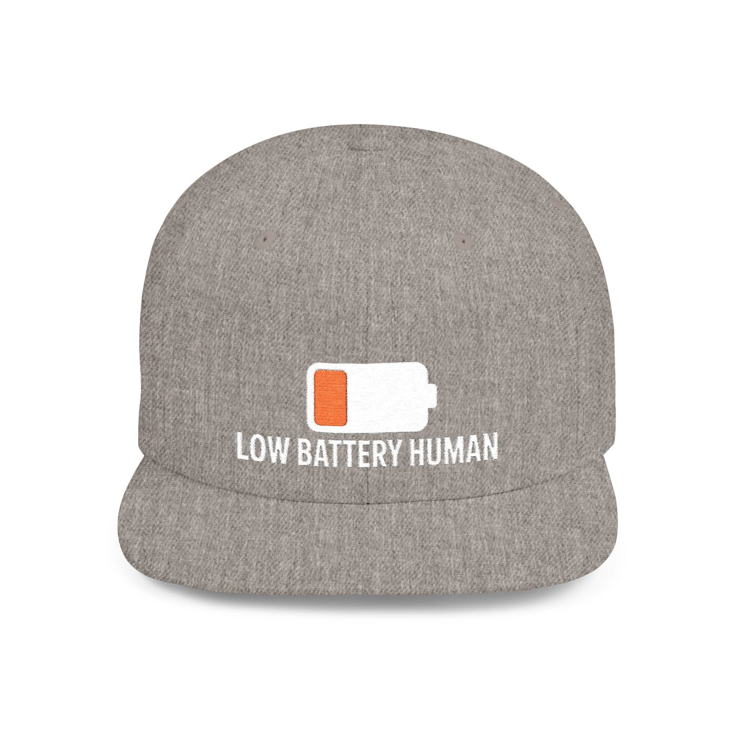 Gray cap with 'LOW BATTERY HUMAN' text and battery icon on a white background