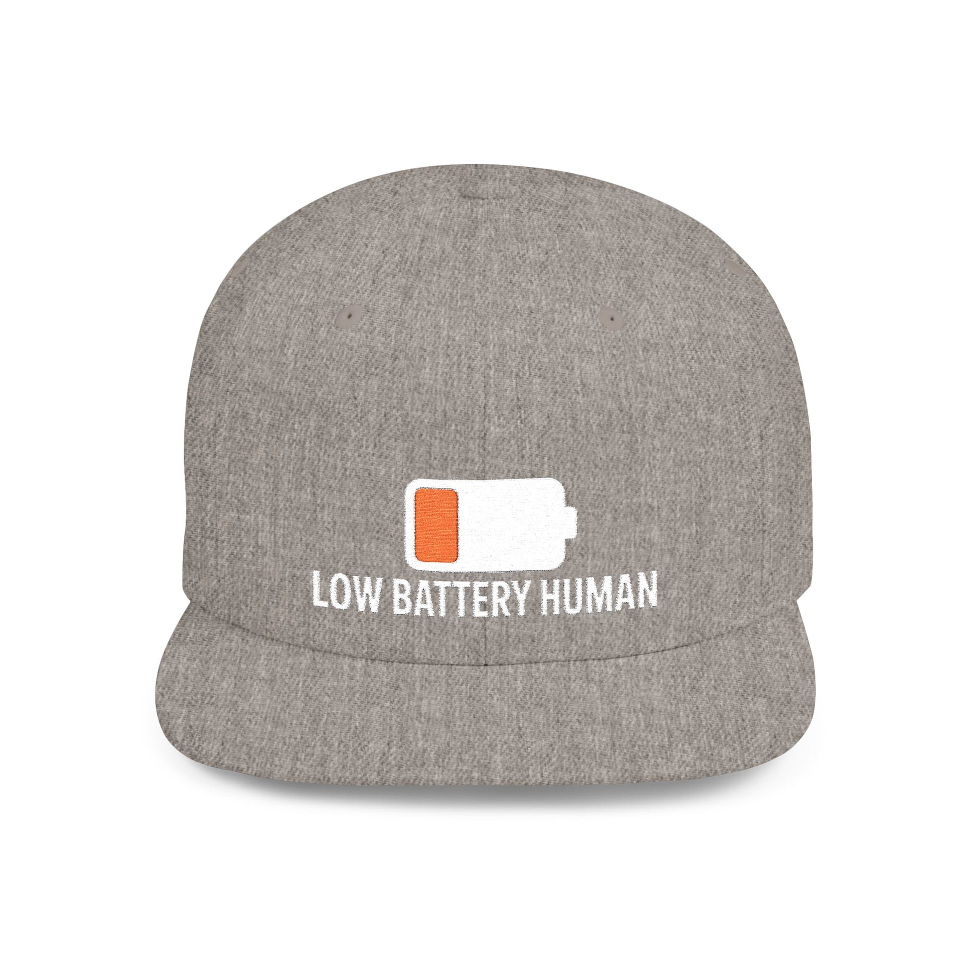 Gray cap with 'LOW BATTERY HUMAN' text and battery icon on a white background