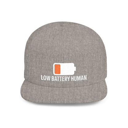 Gray cap with 'LOW BATTERY HUMAN' text and battery icon on a white background