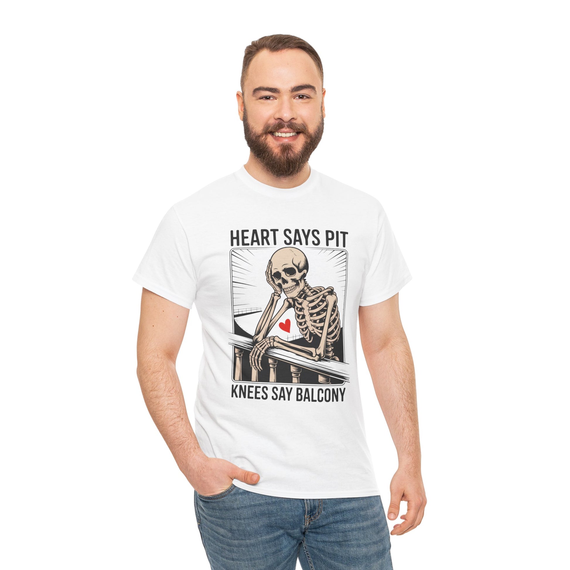 Male model wearing white “Heart Says Pit Knees Say Balcony” skeleton balcony concert quote t-shirt, front view.