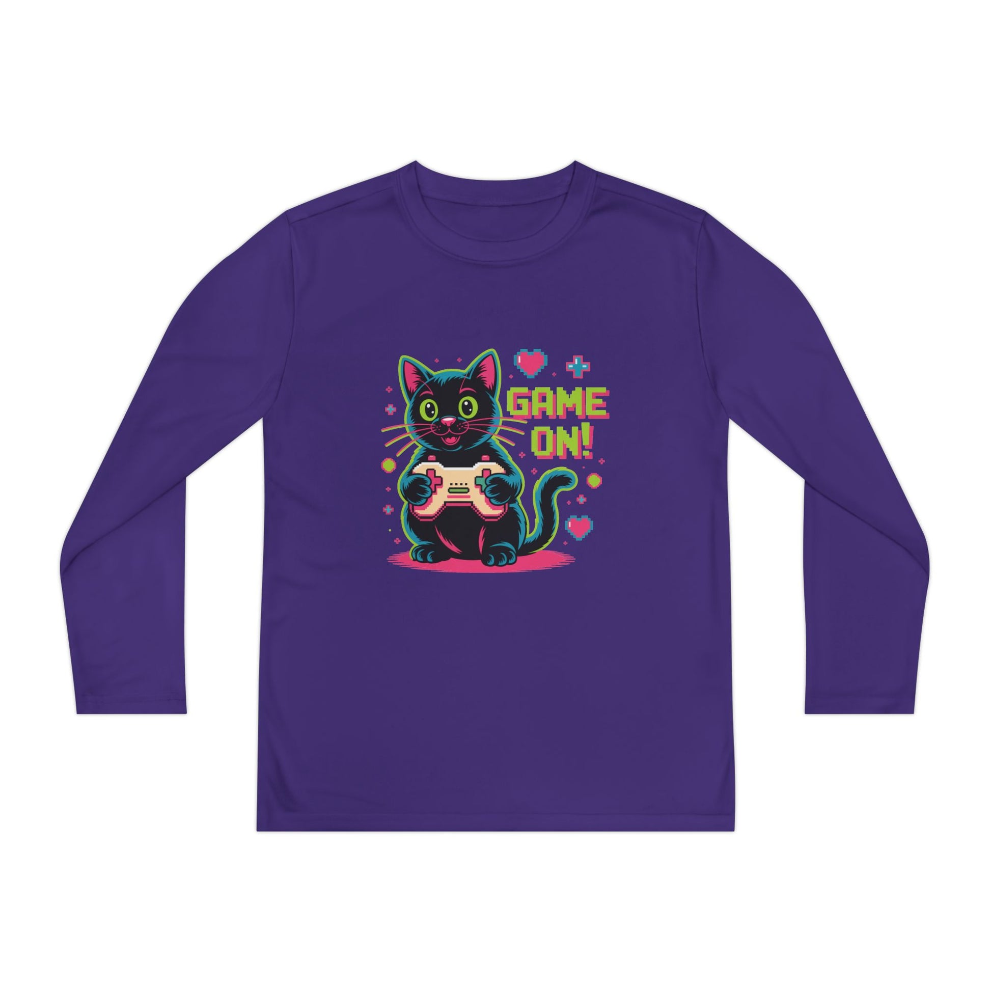 Youth Long Sleeve Tee — "Game On!" Gamer Cat Graphic TEEZOCA