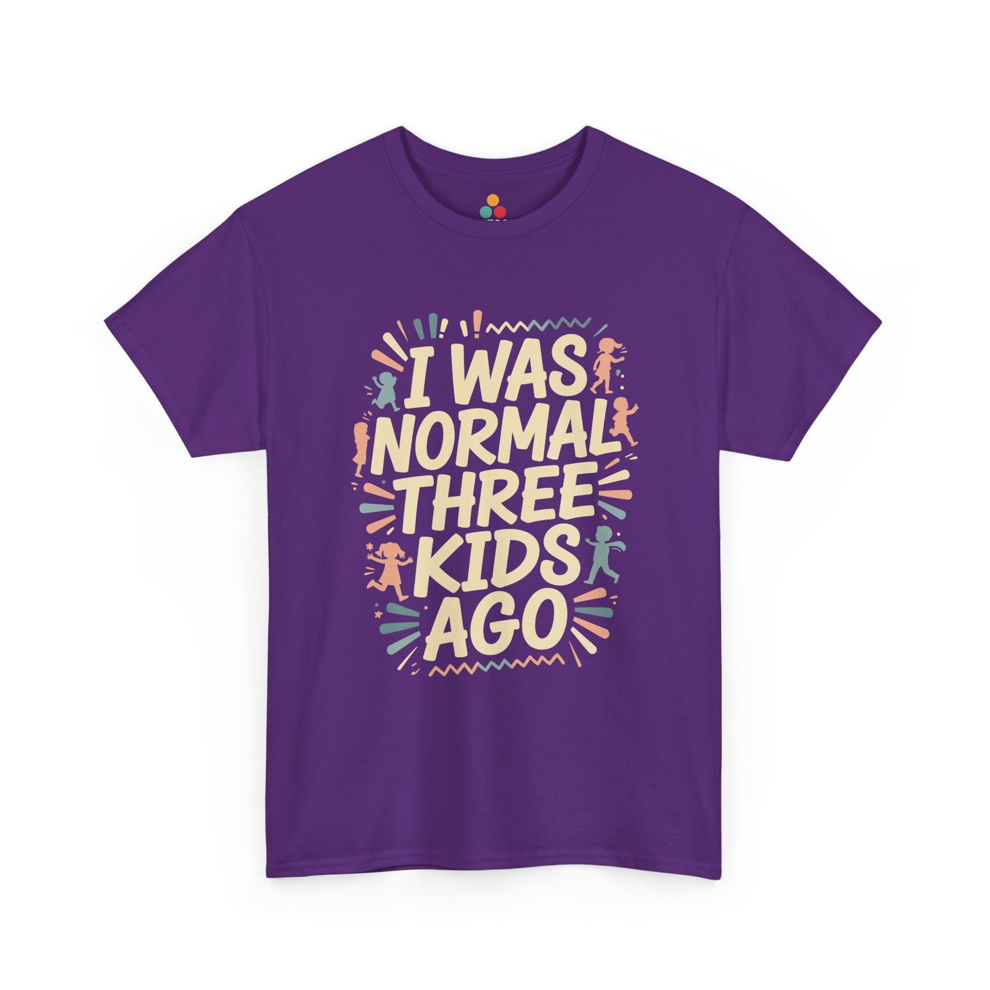 TEEZOCA purple “I Was Normal Three Kids Ago” novelty parent graphic t‑shirt shown flat.