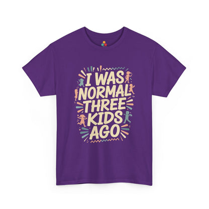 TEEZOCA purple “I Was Normal Three Kids Ago” novelty parent graphic t‑shirt shown flat.