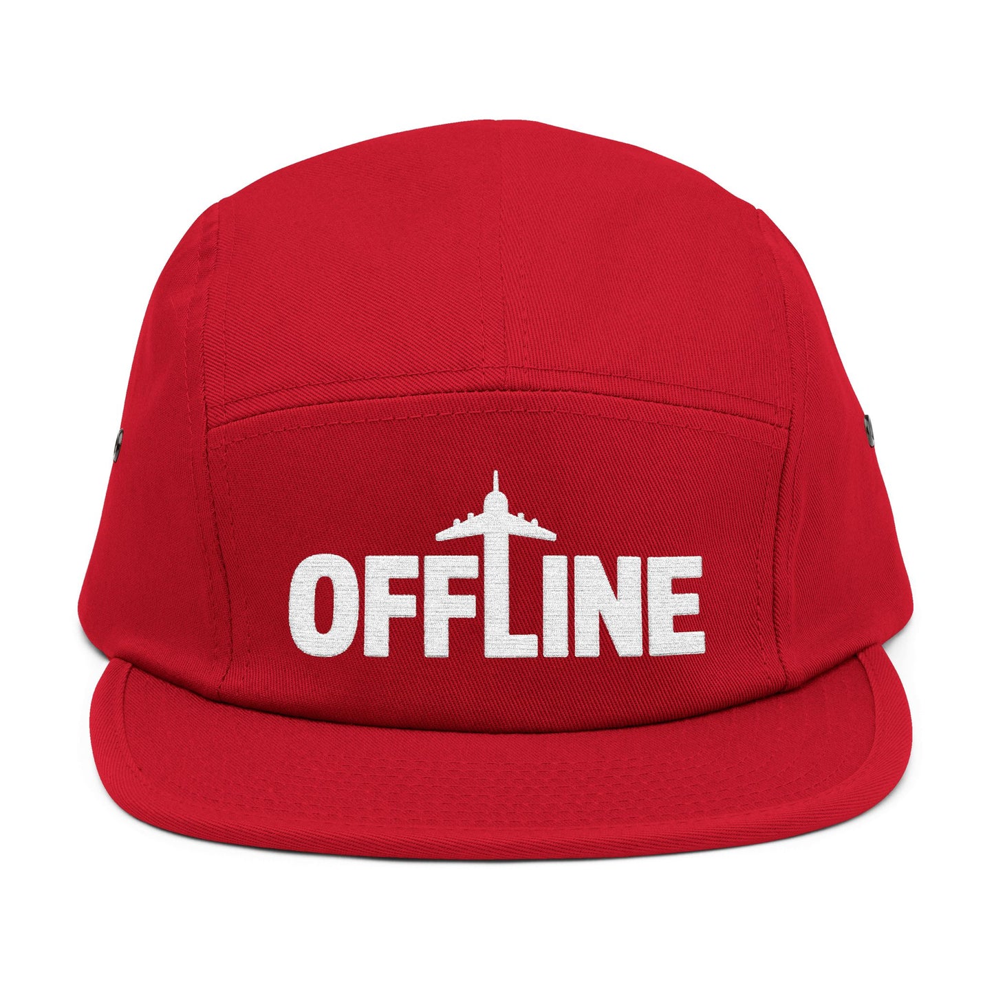Red cap with 'OFFLINE' text on a white background. Embroidered OFFLINE airplane graphic on black 5-panel cap. TEEZOCA