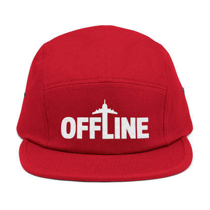 Red cap with 'OFFLINE' text on a white background. Embroidered OFFLINE airplane graphic on black 5-panel cap. TEEZOCA
