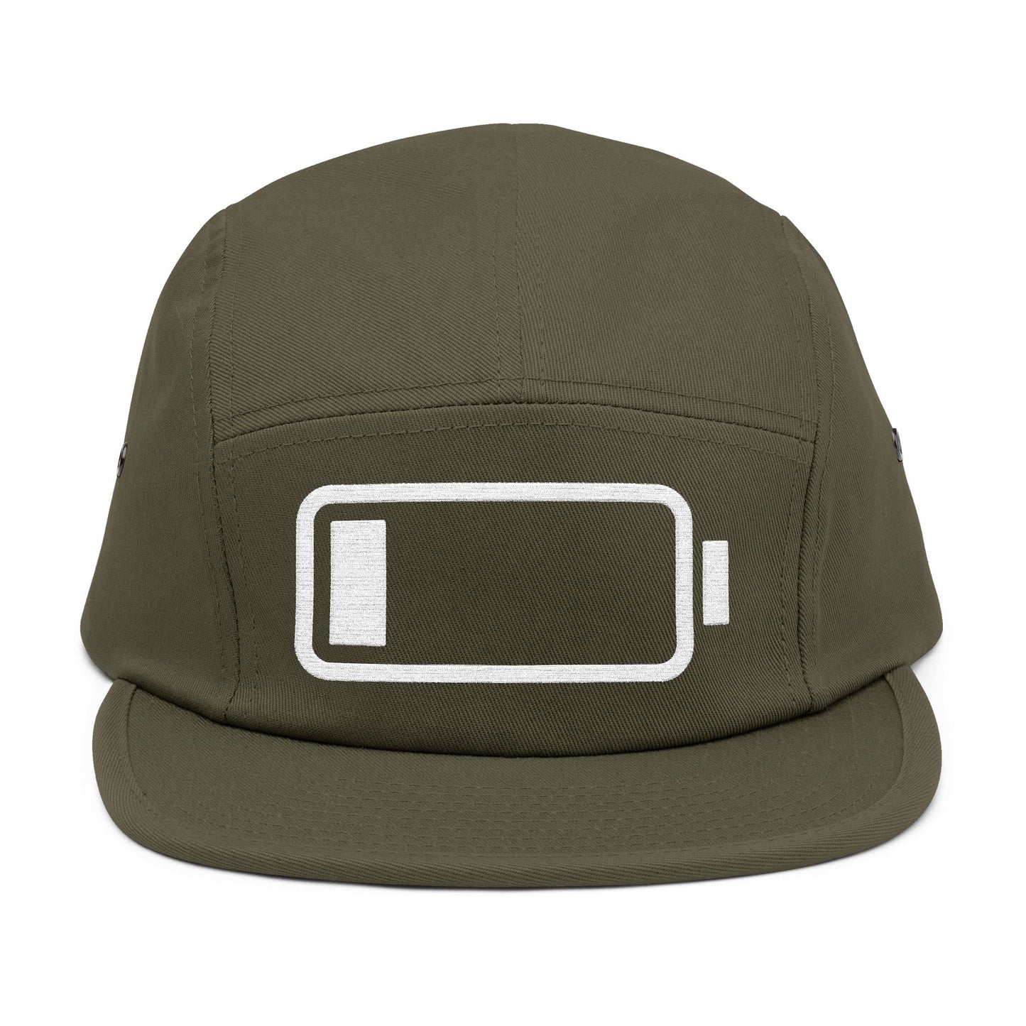 Green cap with a battery icon design on a white background. Minimal low battery icon embroidered on 5-panel cap. TEEZOCA