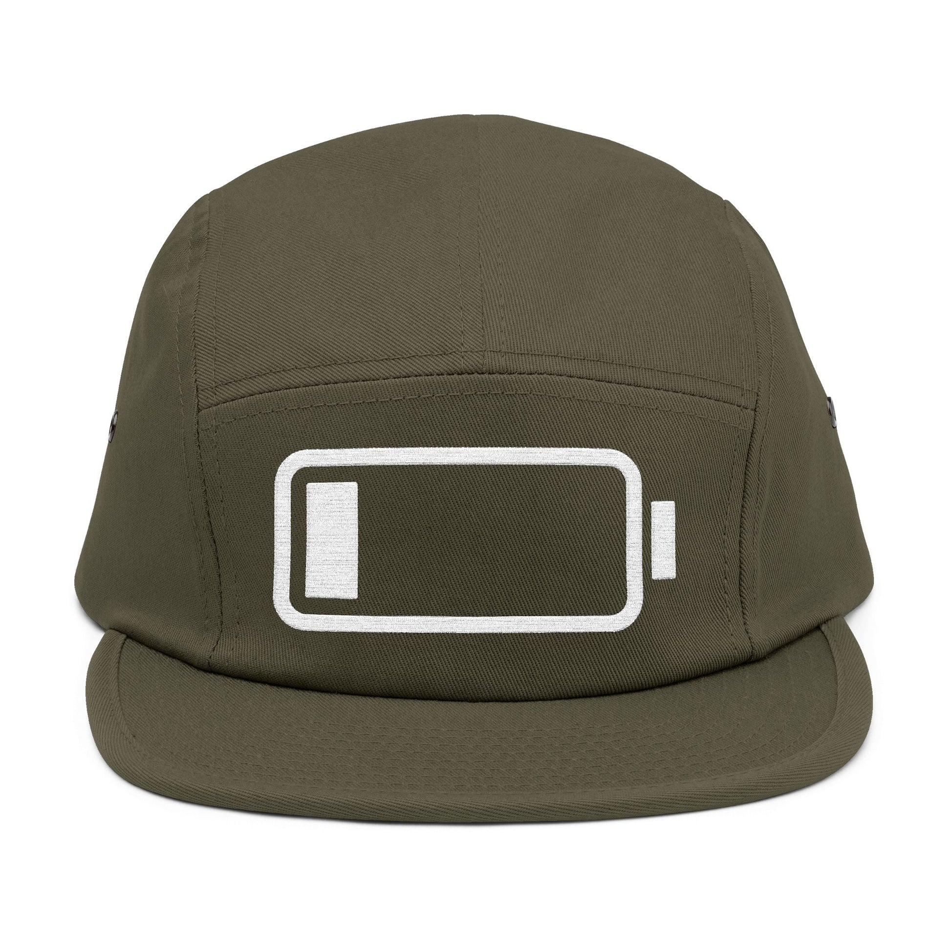 Green cap with a battery icon design on a white background. Minimal low battery icon embroidered on 5-panel cap. TEEZOCA