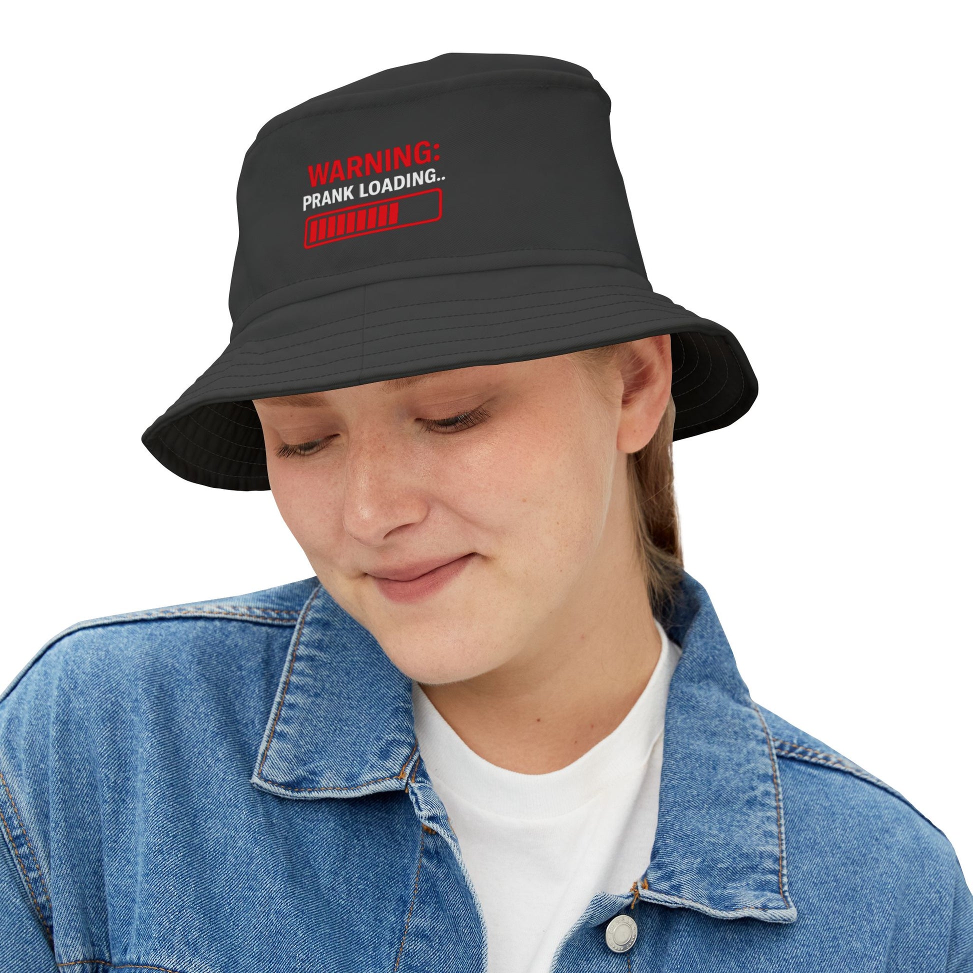 Funny black bucket hat with 'Warning: Prank Loading...' text on a white background. TEEZOCA
