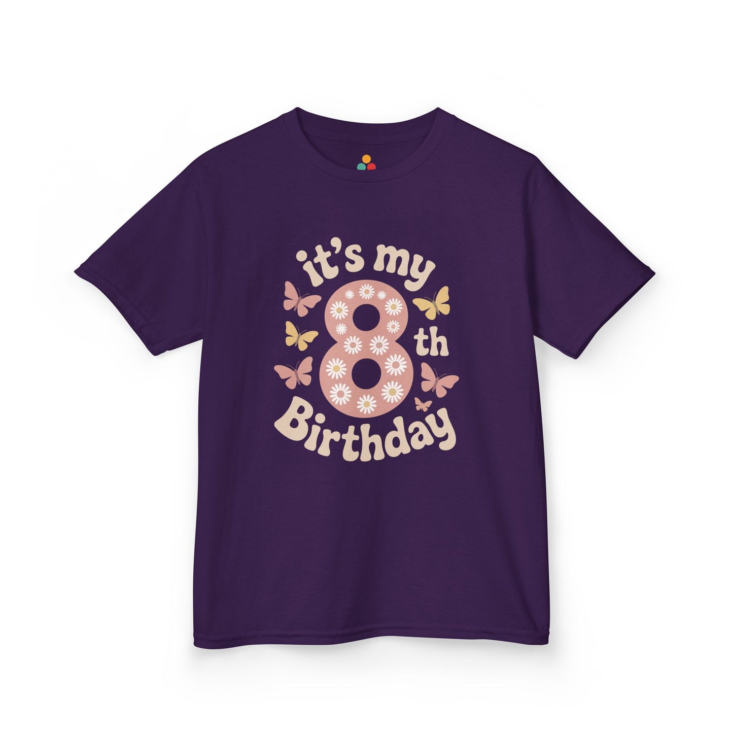 “Purple ‘it’s my 8th Birthday’ shirt, big pink 8 with white flowers and butterflies, kids birthday top.”

